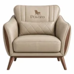Povaro Beige Leather Armchair with Walnut Legs