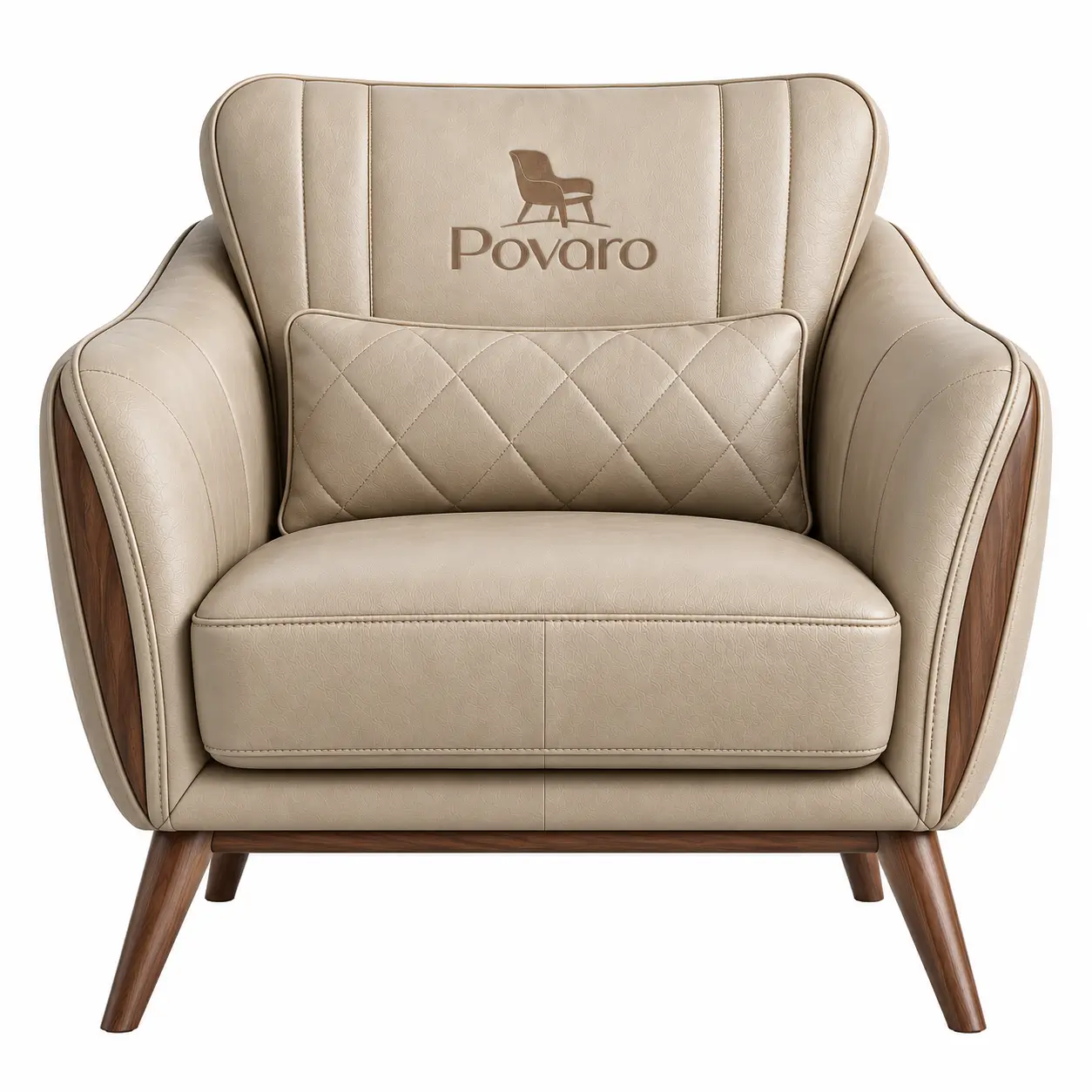 povaro beige leather armchair with walnut legs Povaro Beige Leather Armchair with Walnut Legs - Image 1