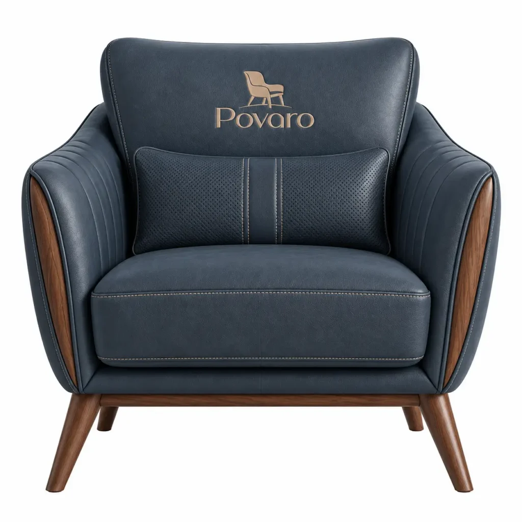 povaro navy blue leather armchair wooden legs