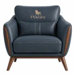 Povaro Dark Blue Leather Armchair with Walnut Legs