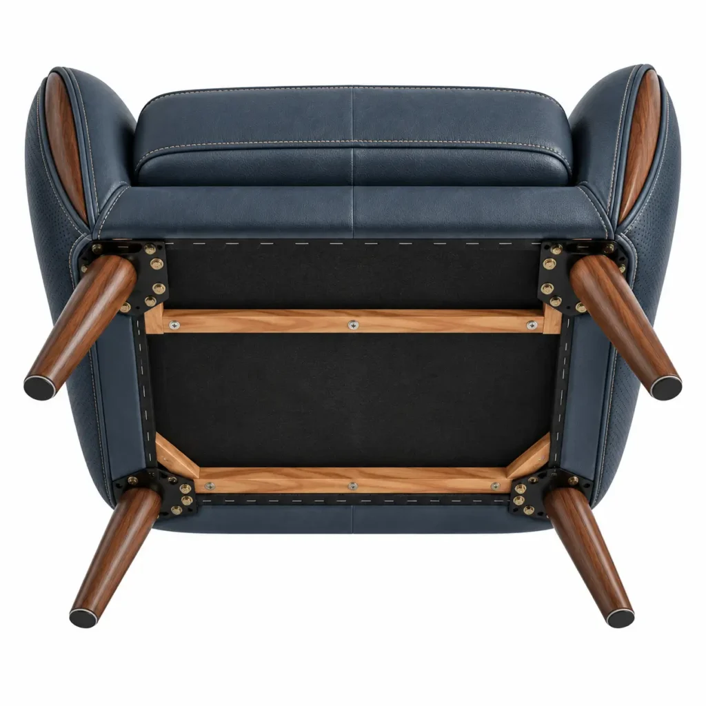 povaro navy blue leather armchair wooden legs3